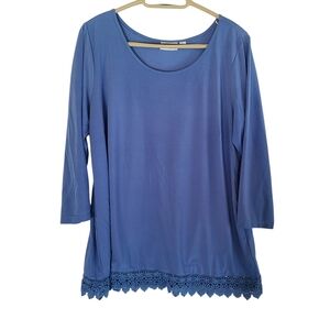 Joan Rivers French Blue 3/4 Sleeve Knit Top with Crochet Lace Trim Hem Large